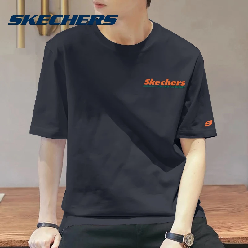 斯凯奇2025春夏季圆领纯棉短袖男士基础款百搭潮流运动休闲上衣