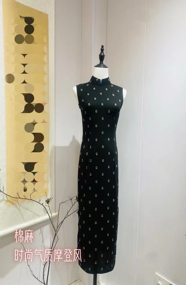 时尚气质摩登风日常穿搭全棉麻网红旗袍长裙复古黑白无袖