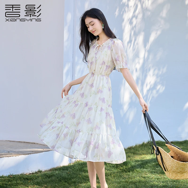 【直播专享】L85S264连衣裙 香影雪纺v领印花连衣裙女夏装新款亮