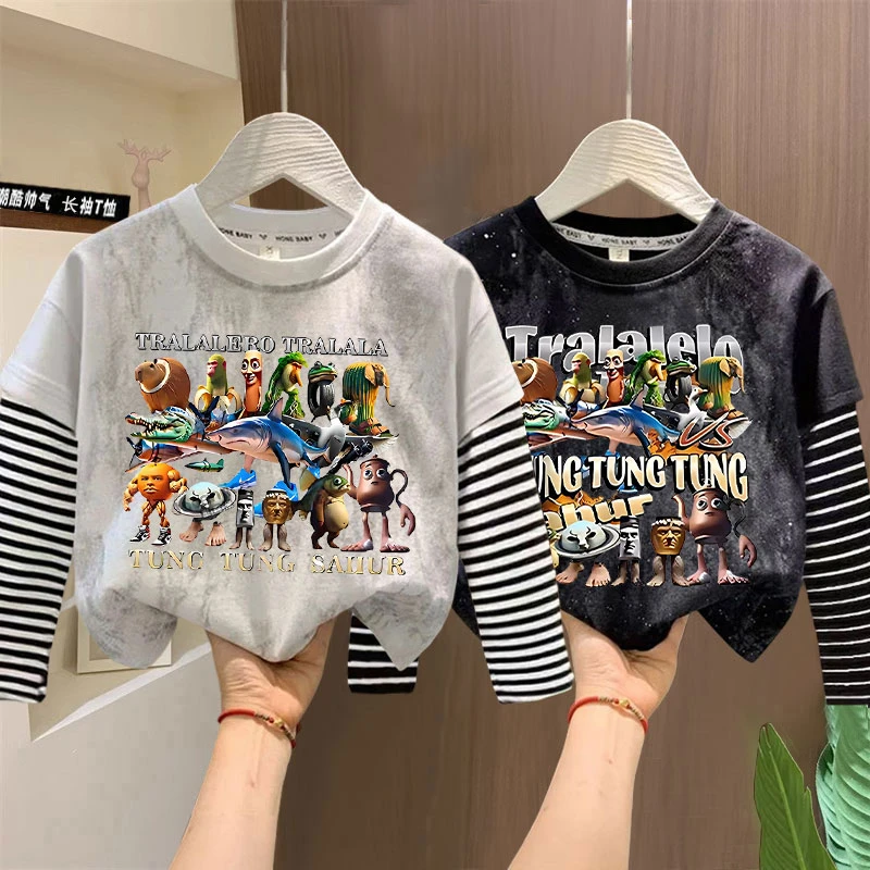 国外山海经男童假两件长袖T恤中大童春秋季新款洋气扎染儿童上衣t
