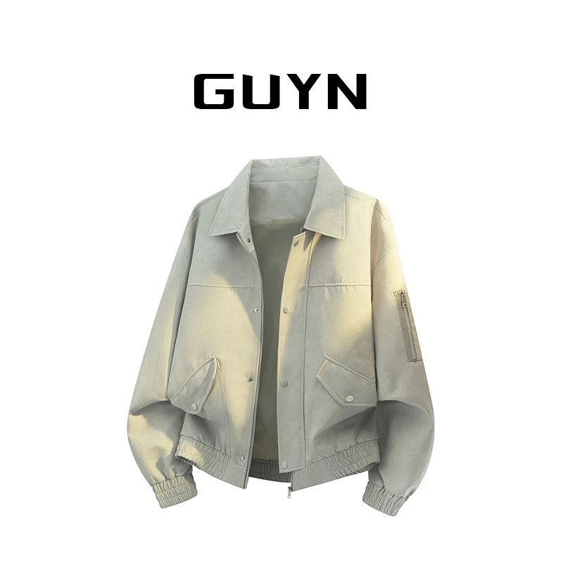 GUYN大码美式翻领外套男款潮流复古高级感飞行员短款夹克上衣男装