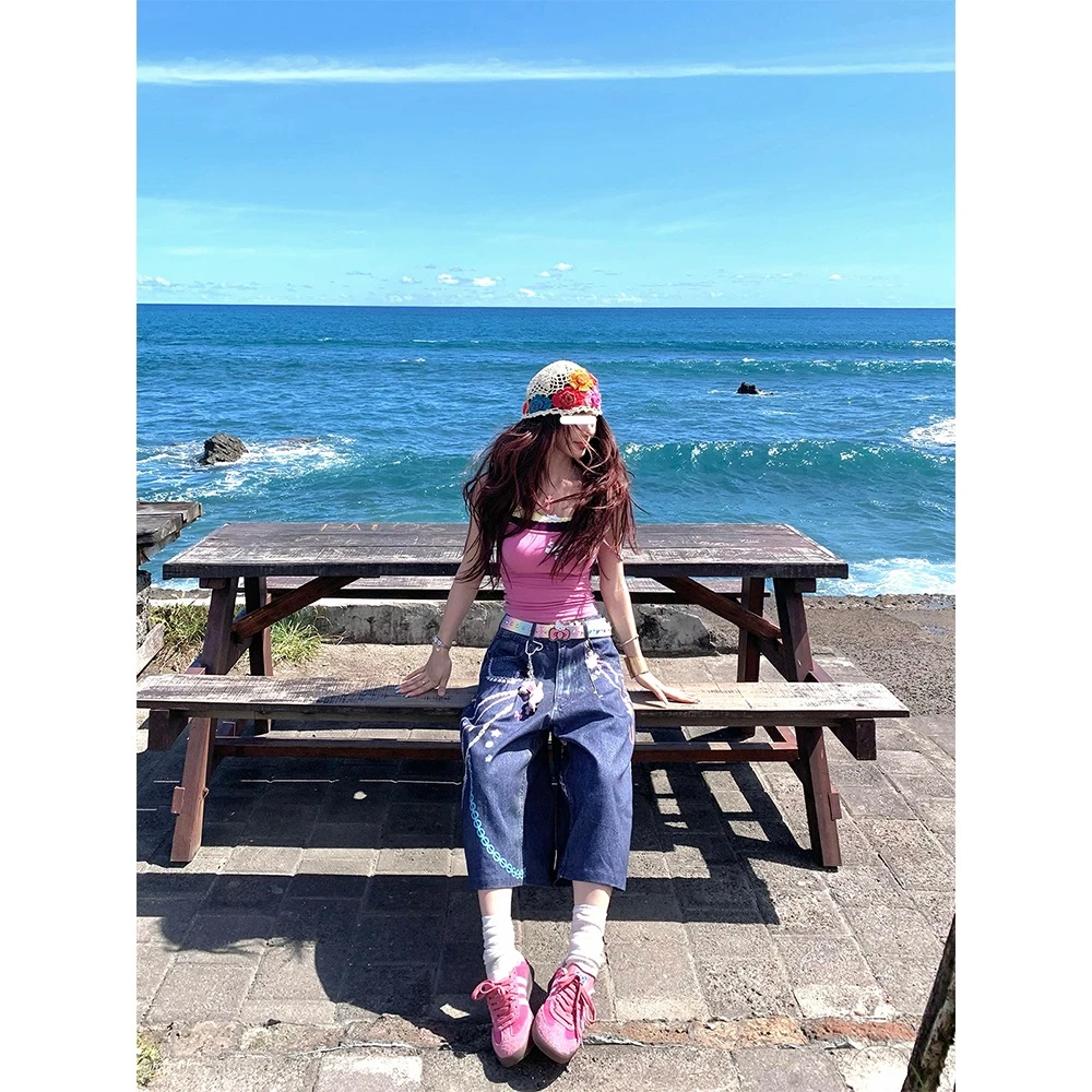 美式复古高街七分牛仔裤男女2025夏季新款宽松显瘦直筒阔腿裤短裤