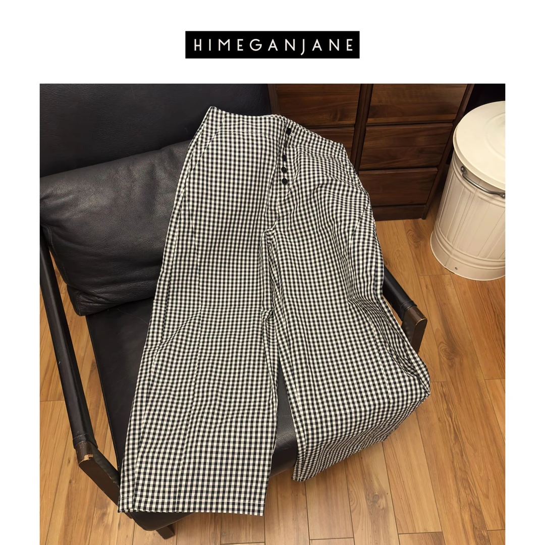 HIMEGANJANE 山本格子裤 色织100%棉宽松慵懒九分阔腿裤250591