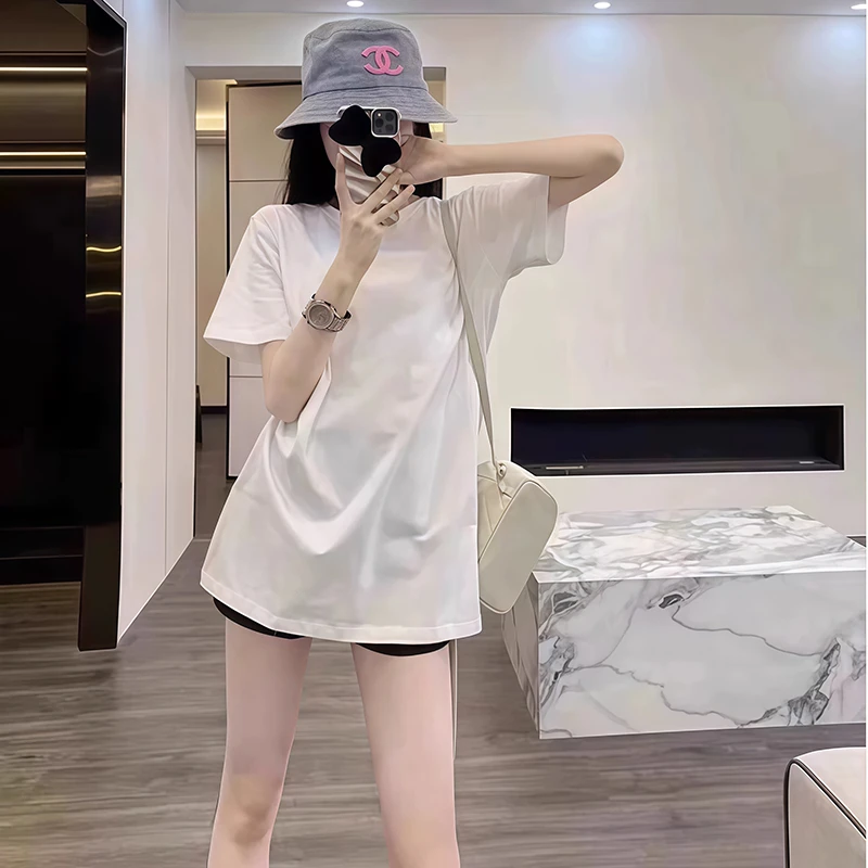 欧货白色夏季2025新款棉质圆领短袖t恤女中长款休闲减龄独特上衣