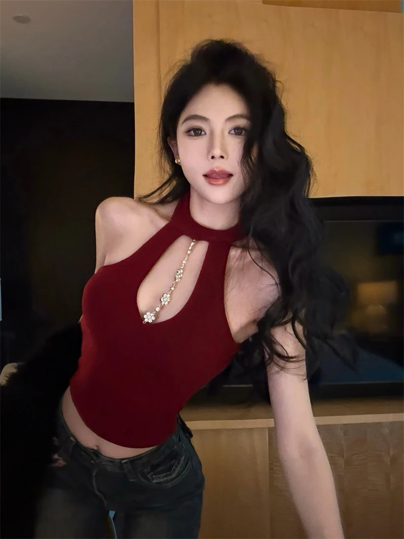 美式性感辣妹风无袖挂脖背心上衣新款潮牌女装纯欲风露背打底衫秋