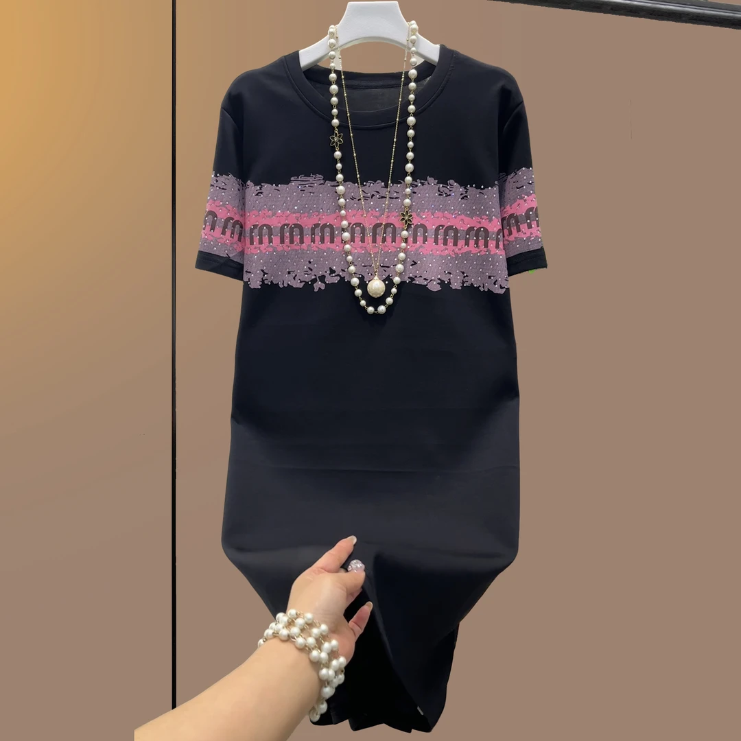 大码女装胖妹妹夏季圆领气质半袖宽松连衣裙