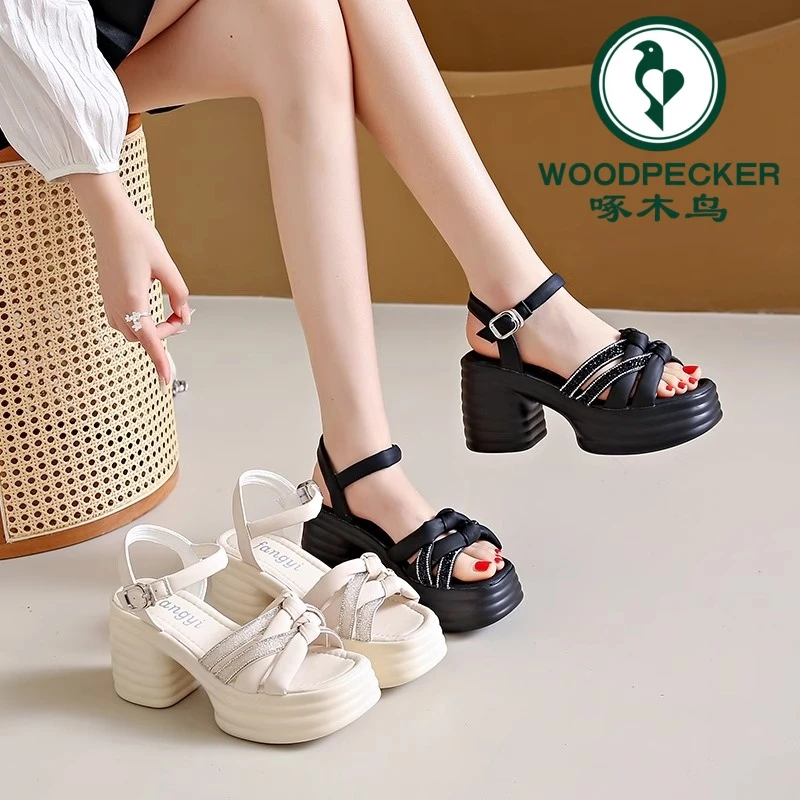 啄木鸟法式一字带凉鞋女2025新款夏季时尚粗跟仙女风配裙子高跟鞋