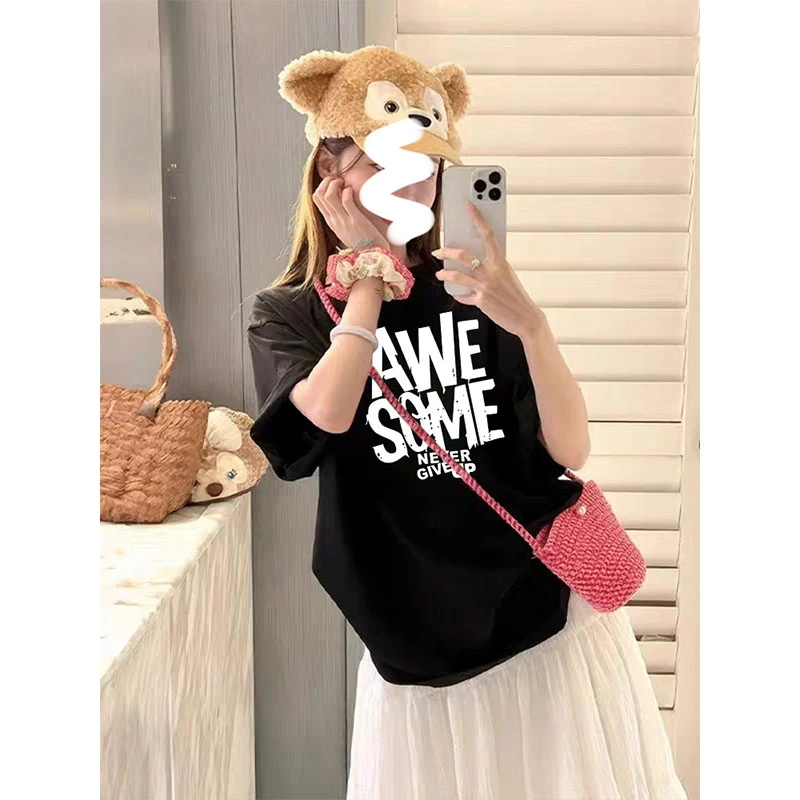 设计感小众正肩黑色短袖t恤女2025新款流行时尚百搭显瘦上衣夏季