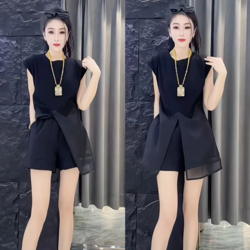 2025夏季新款中长款黑色短袖网纱拼接上衣+松紧腰短裤两件套套装