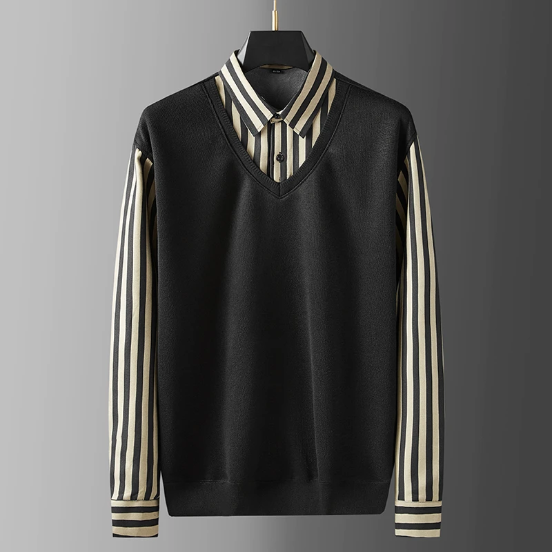 9058 男式加大加肥加绒针织假两件打底衫