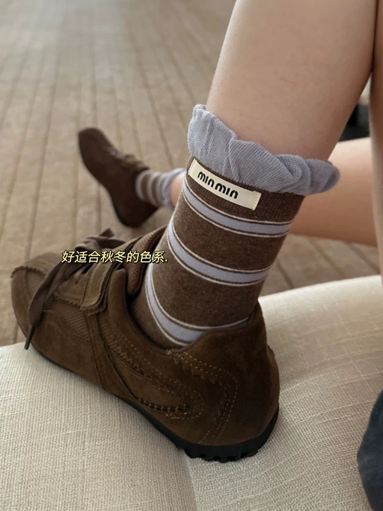 韩系泡泡口撞色条纹秋冬中筒袜子百搭ins复古堆堆女袜时尚小众袜