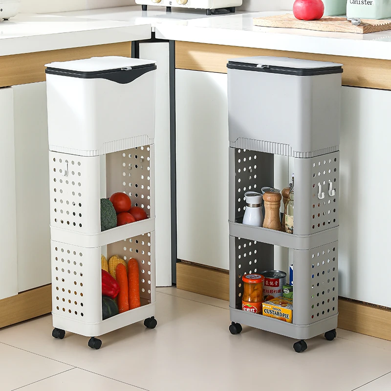 厨房垃圾桶弯腰家用大容量多功能双层移动专用多层收纳带盖置物架