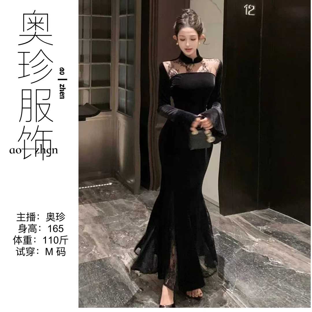 【运费补贴】【C位年会】优雅气质显瘦蕾丝拼接丝绒连衣裙黑色尤物245