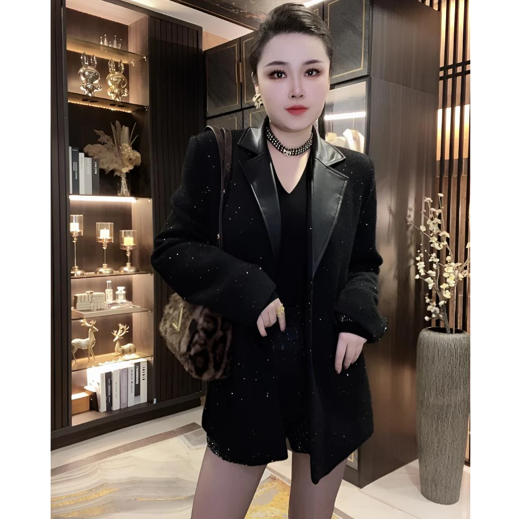 高端加厚女装轻奢气质外套重工时尚显瘦西装款秋冬棉衣拼接黑色