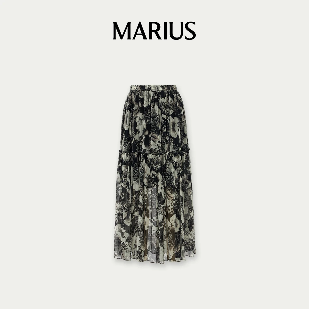 MARIUS“恰恰裙”黑白法式印花晕染收腰吊带半裙连衣裙