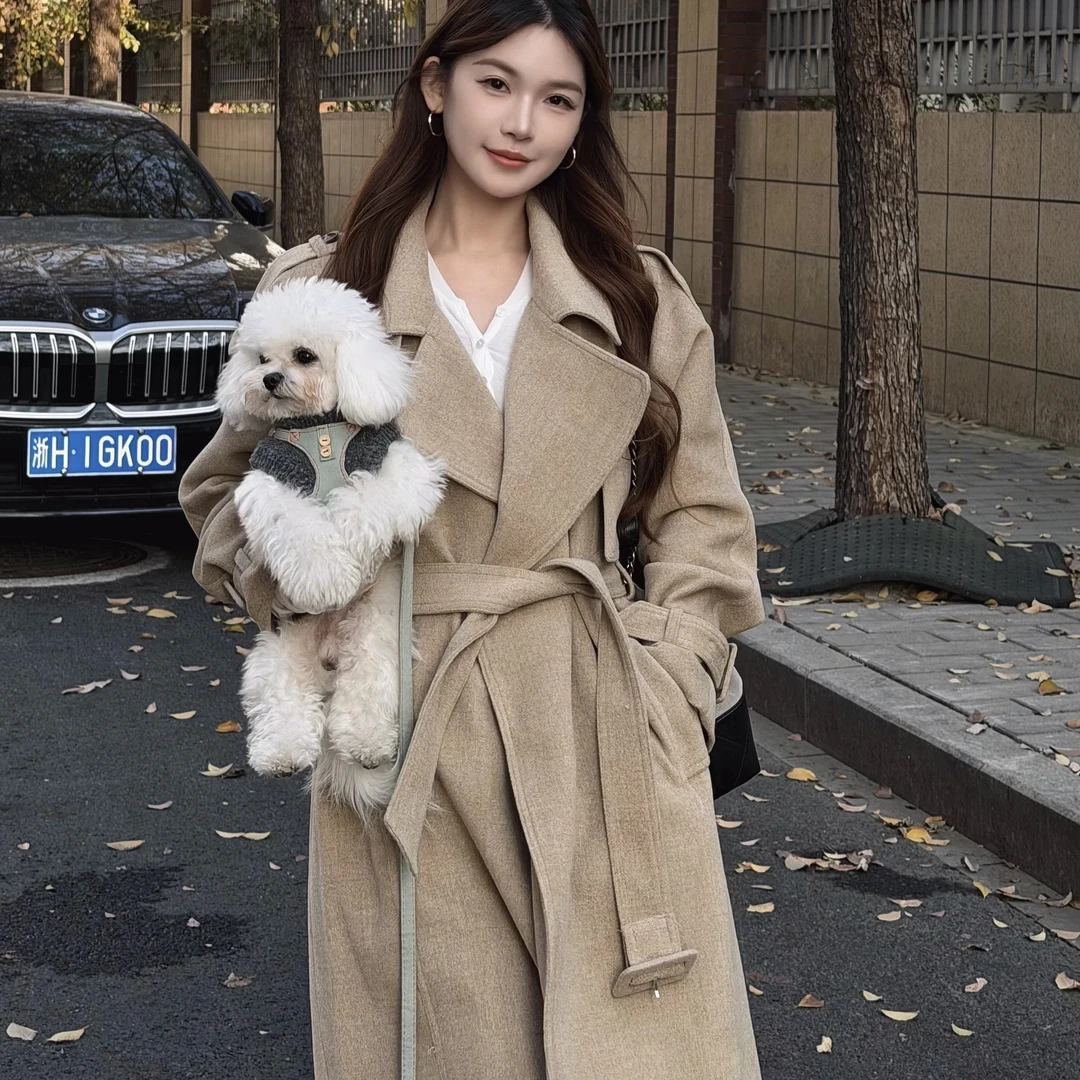 落日梧桐 长款驼色毛呢大衣女秋冬翻领廓型宽松气质外套