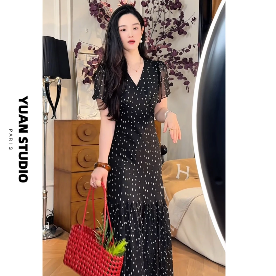 YUAN 【邂逅巴黎】法式复古彩花卉显瘦遮肉短袖气质优雅连衣裙