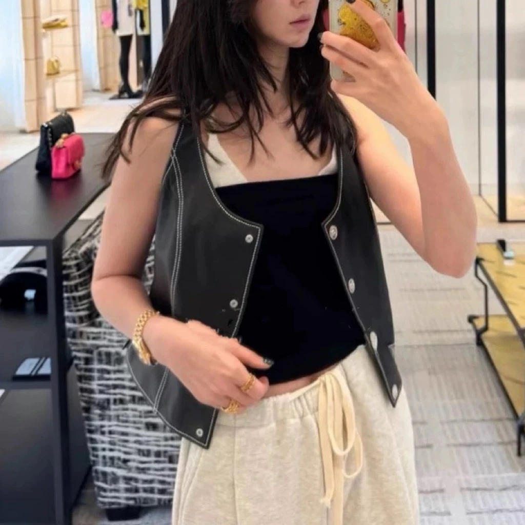 「Darley推荐」“香水5号”女士真皮时尚马甲吊带短款绵羊皮时尚百搭