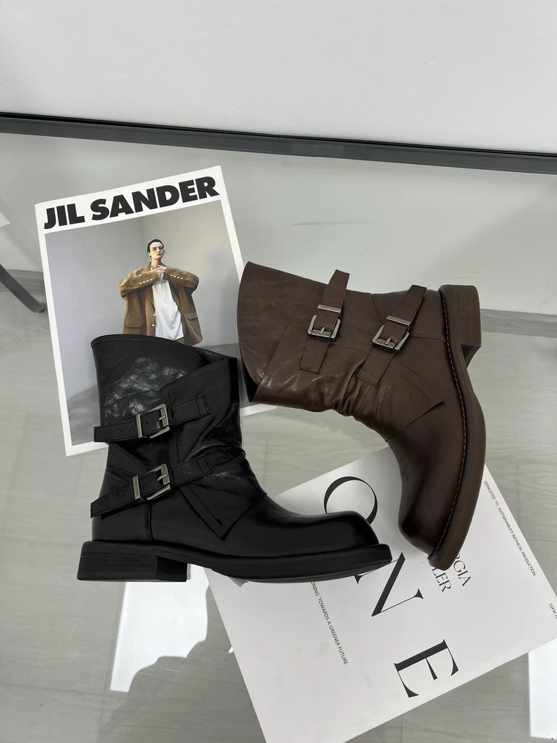 1266-1秋冬胎牛皮马丁靴短筒时尚真皮西部风圆头女靴百搭个性靴子