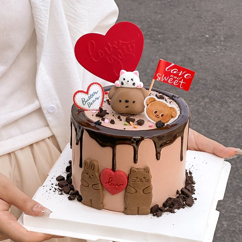 七夕情人节蛋糕装饰可爱小熊小猫叠叠乐摆件熊兔爱心饼干love插件