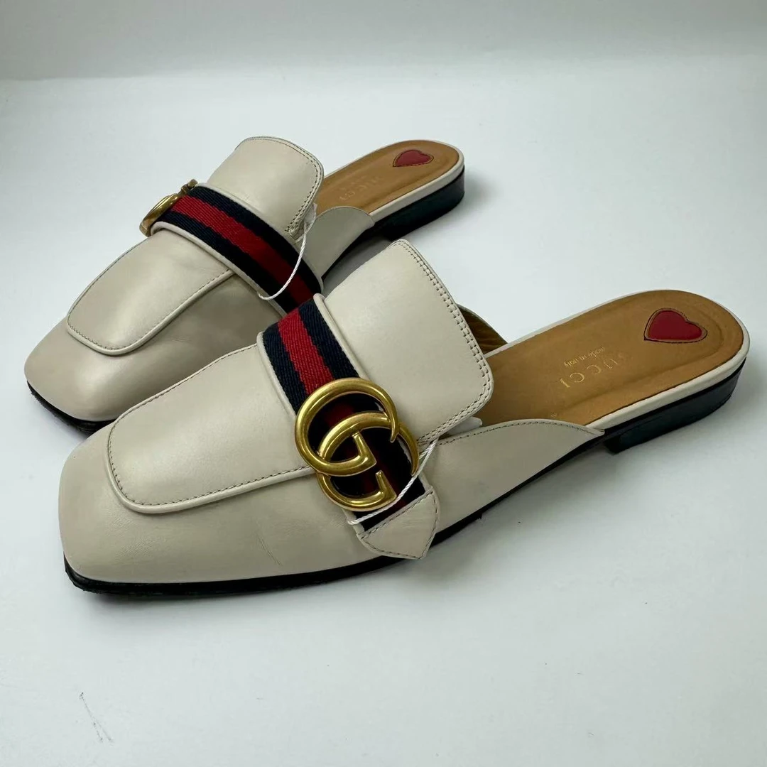 95新 GUCCI/古驰 37.5码/仔仔/米白色一字带双G包头半拖xxs1302