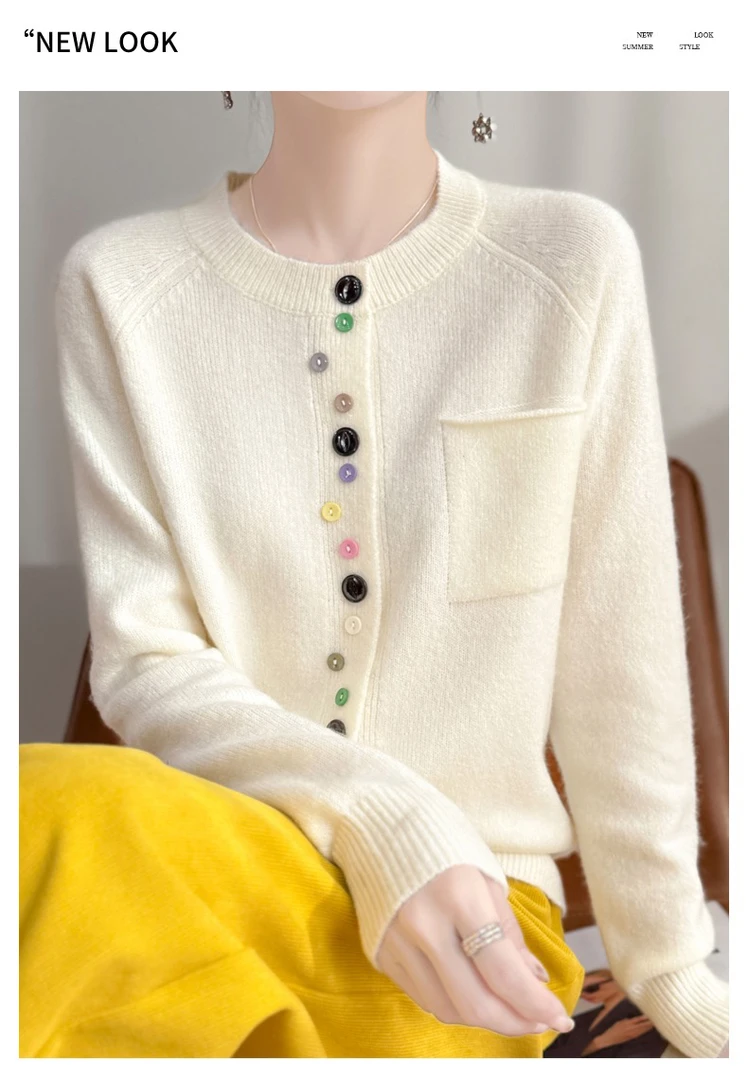 春秋新款羊毛大小彩扣开衫圆领毛衣宽松气质带兜开衫