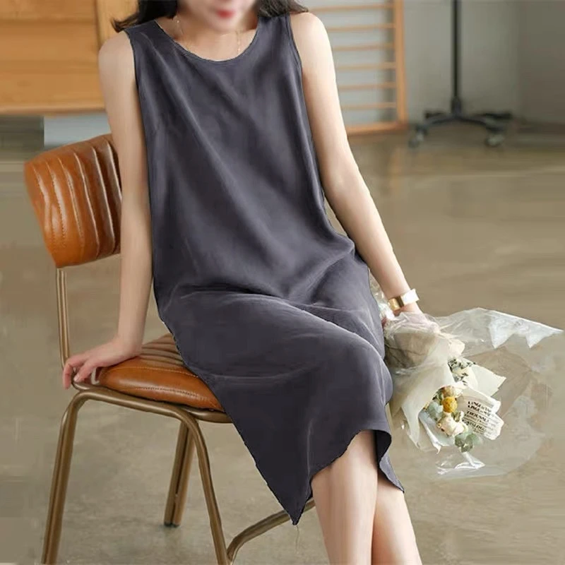 铜氨丝连衣裙女气质薄款纯色休闲百搭时尚圆领无袖简约长裙