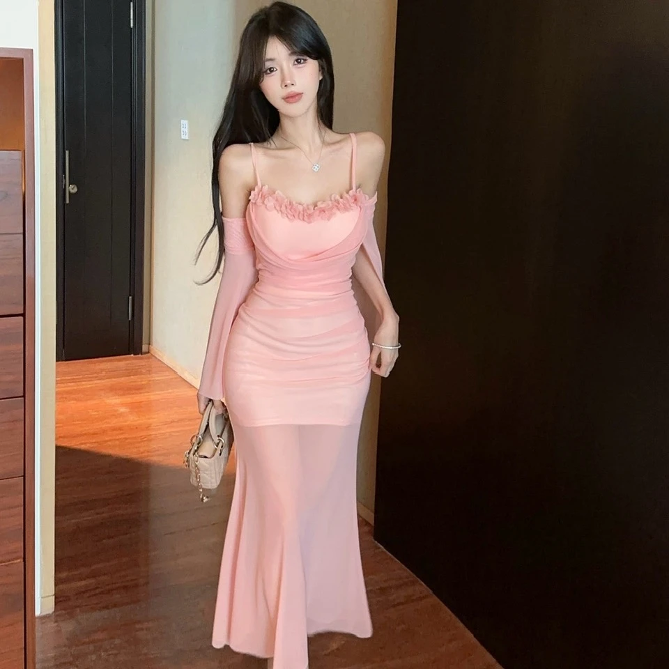 纯欲风时尚设计感法式网纱长款鱼尾性感吊带连衣裙风情万种长裙夏