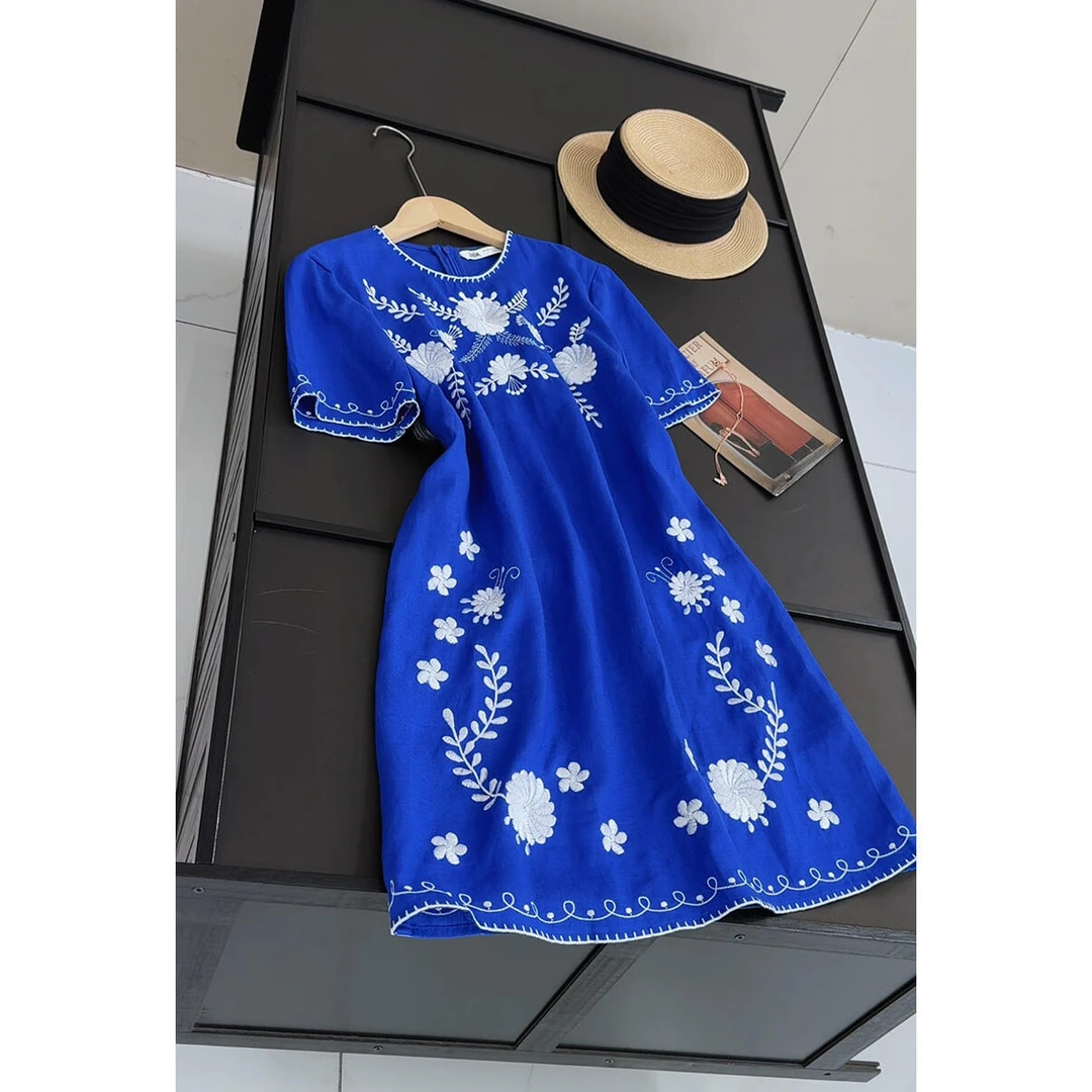 Z家原 高货 亚麻圆领手工刺绣连衣裙绝美