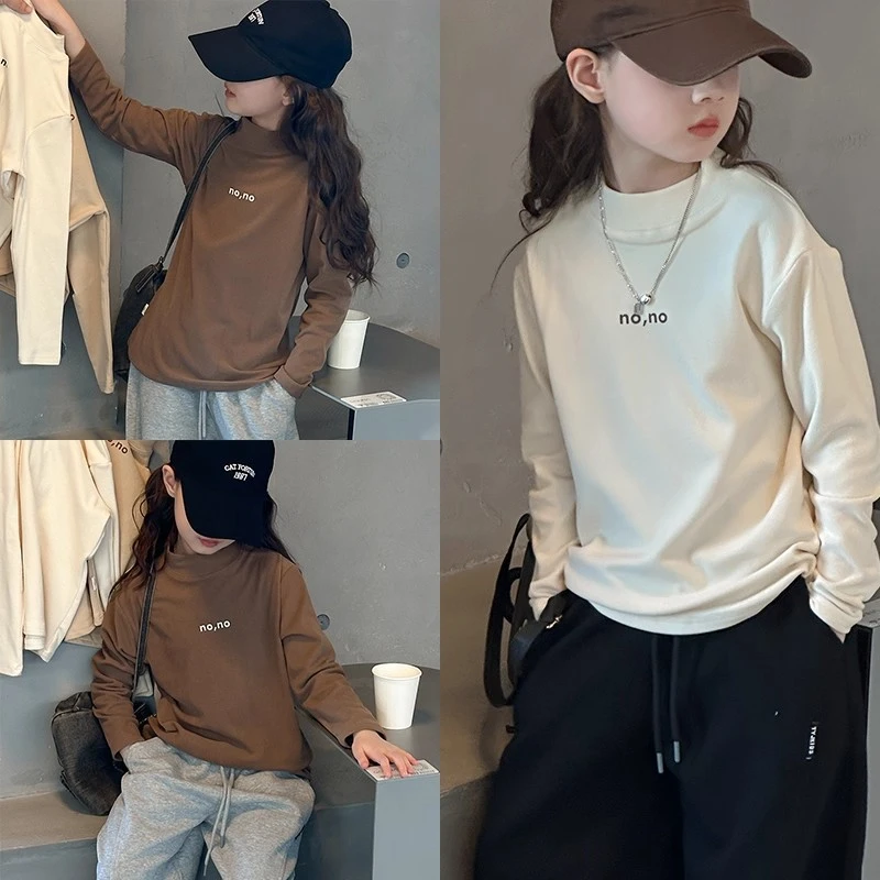 女童加厚打底T恤2025新款女孩秋冬季德绒内搭儿童半高领长袖上衣9