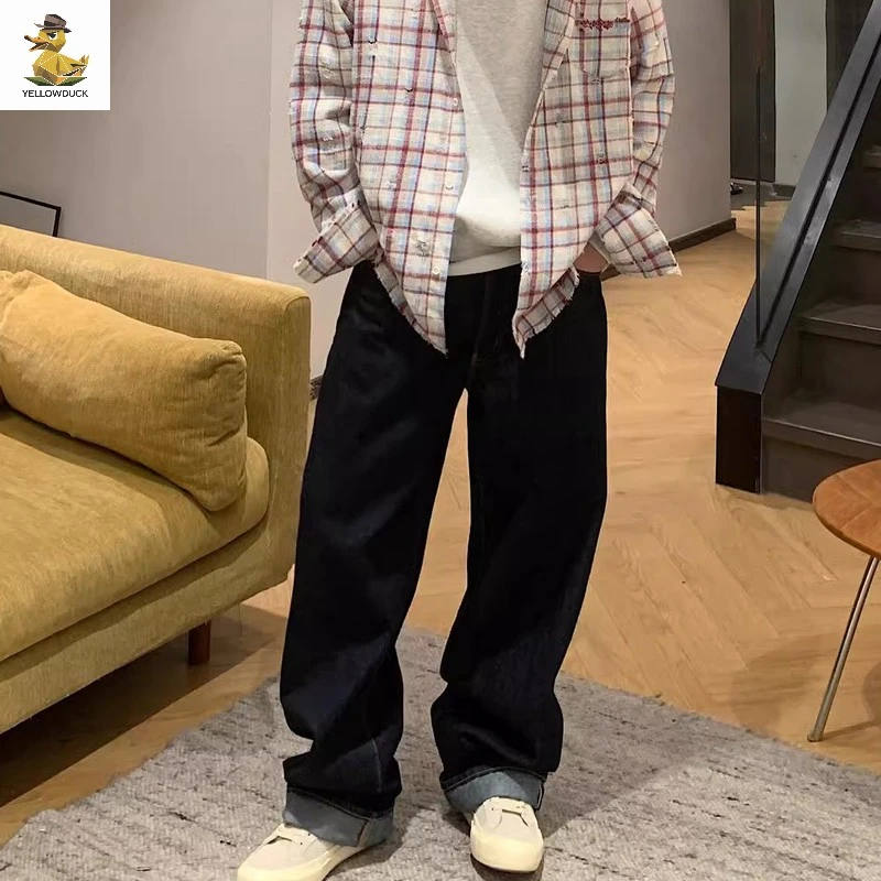 潮流美式深色水洗宽松拖地阔腿牛仔裤男显瘦简约百搭休闲长裤