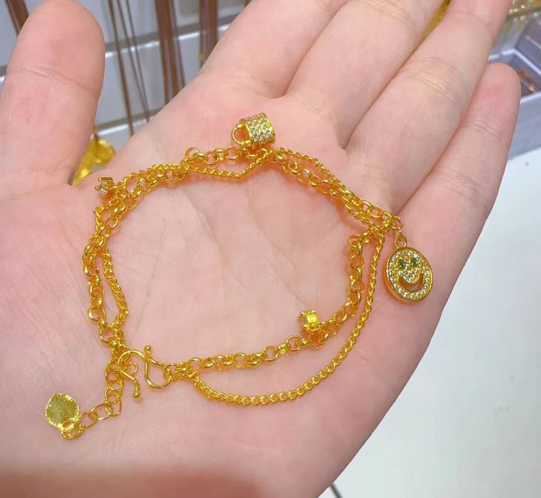 足银手链 镶钻可爱笑脸开心锁双层手链