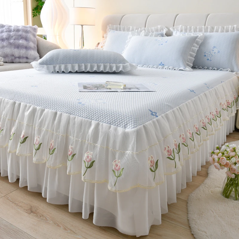 公主风床裙凉席夏天床罩冰丝席2025新款蕾丝边可机洗空调席带花边