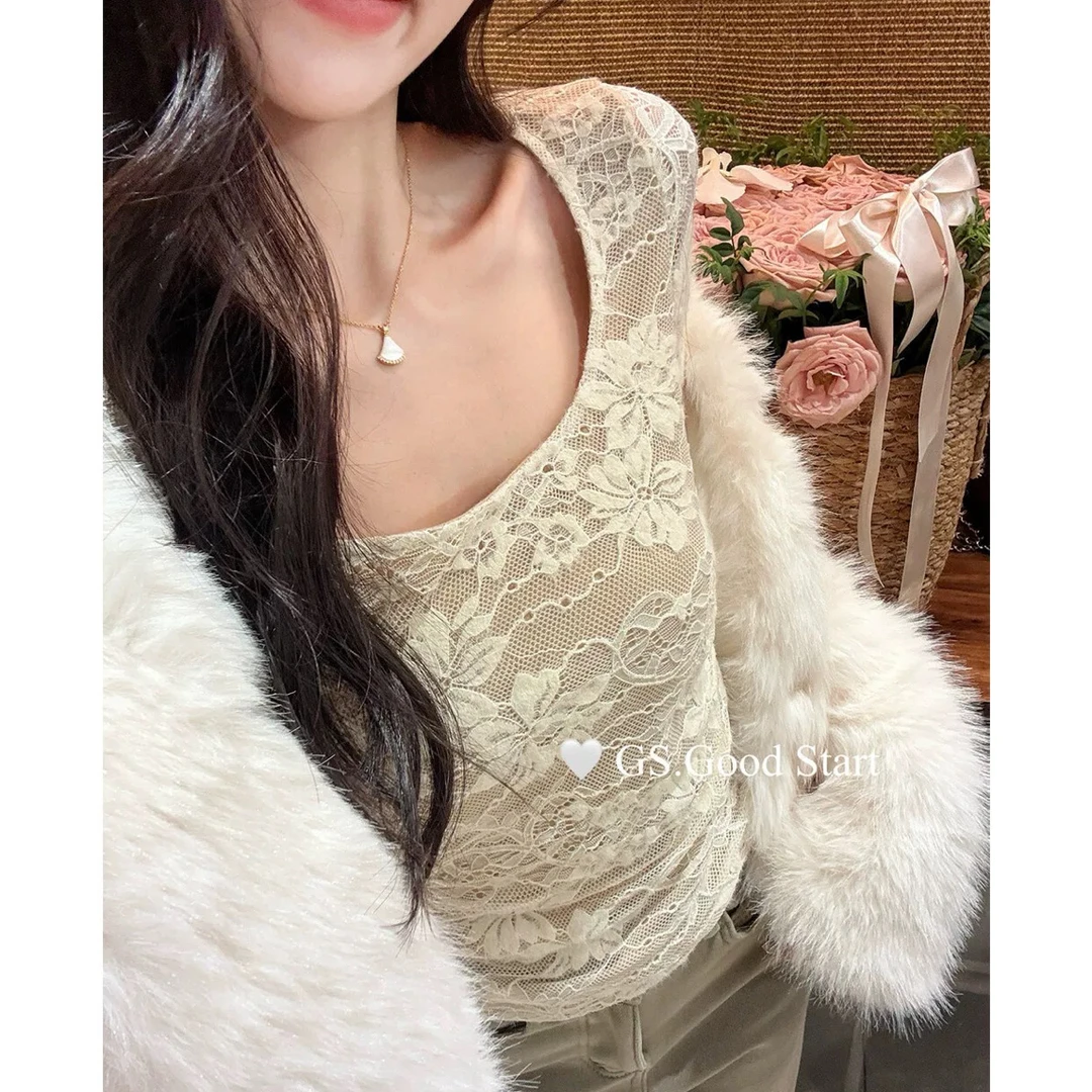 十三行秋冬新款法式浪漫纯欲套头蕾丝衫女百搭修身显瘦内搭打底衫