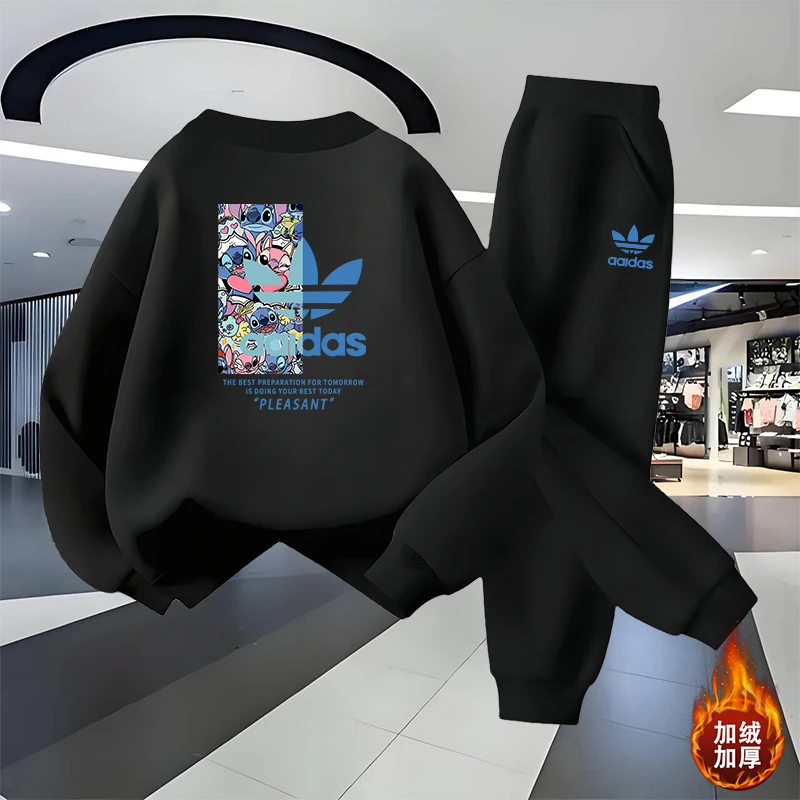 【奥莱正品】休闲运动套装男2025秋冬新款宽松中大童圆领加绒两件套