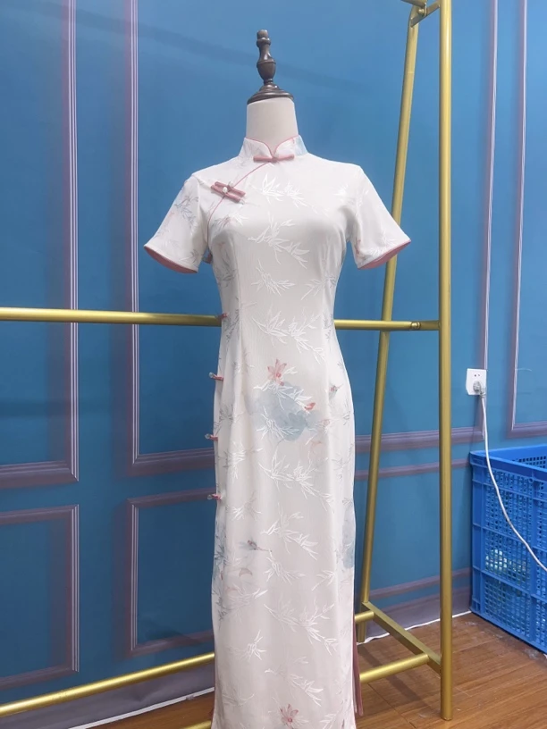 W-2876 好事莲莲 瑞士网纱提花 新中式夏款年轻款改良旗袍120cm长