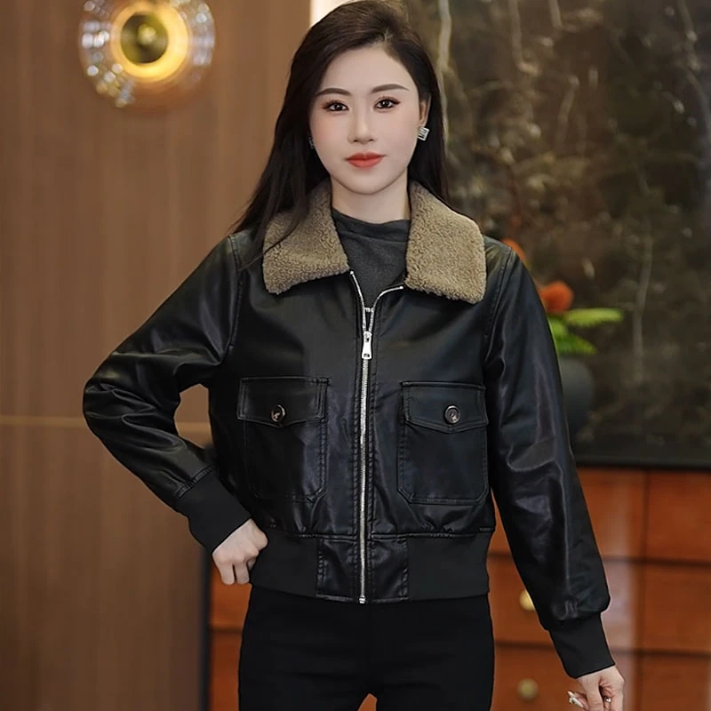 时尚加棉皮衣短外套女2025秋冬新款洋气百搭美式复古毛领夹克上衣