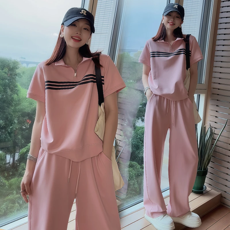 慵懒风时尚运动服套装女2026年夏季新款立领短袖上衣阔腿裤两件套