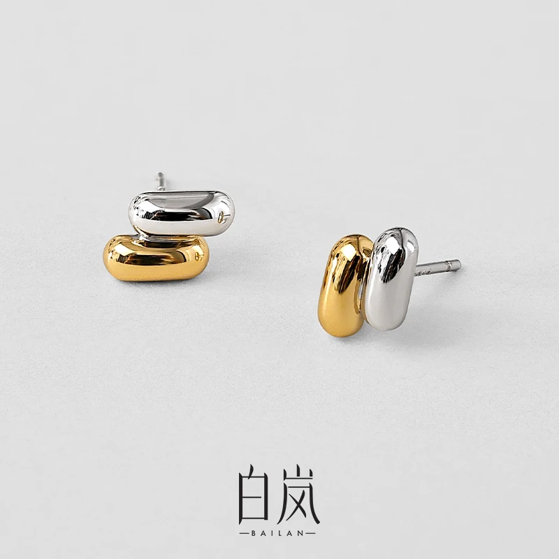 925银耳饰 白岚双色耳钉女S925银新款潮轻奢气质百搭耳饰ED3348