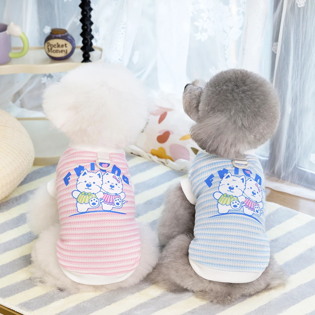 中小型宠物T恤薄款透气华夫格条纹印花比熊博美猫狗两腿春夏新款