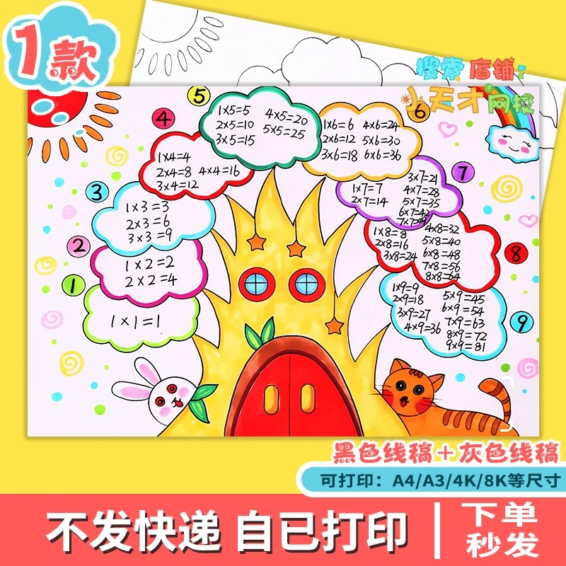 数学乘法口诀手抄报模板乘法口诀思维导图儿童画电子版线稿f885