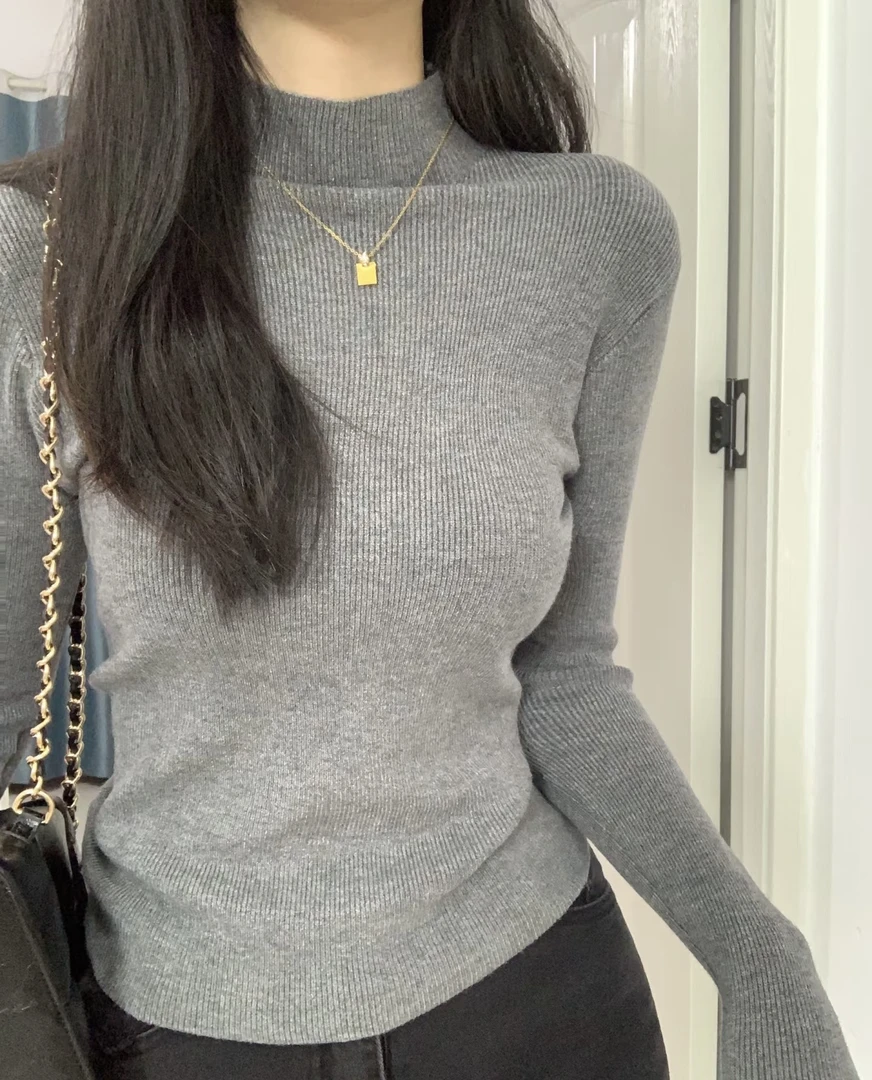 半高领坑条修身针织衫套头百搭打底衫毛衣女7730