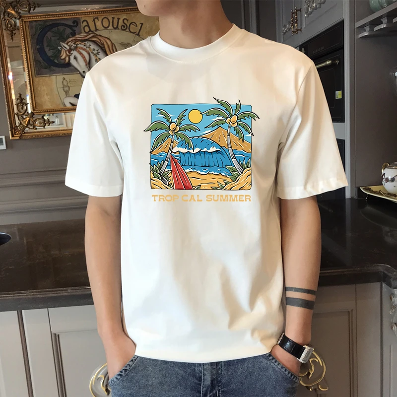 夏季2025新款爆款纯棉时尚男士短袖T恤男款百搭潮流印花半袖上衣