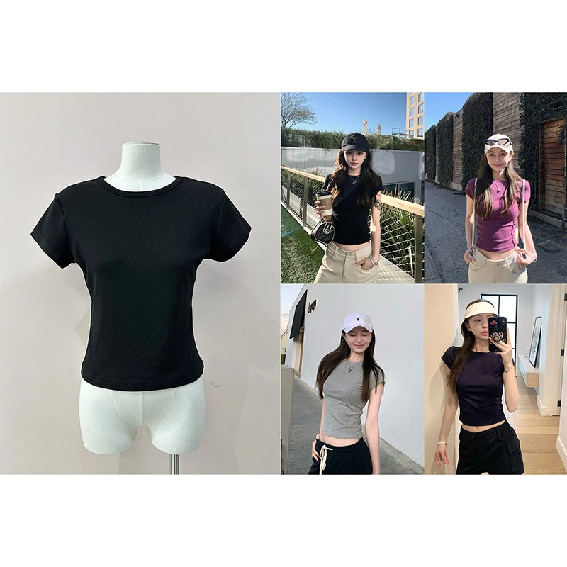 美式百搭经典圆领正肩短袖tee夏季新款纯色修身短款T恤女