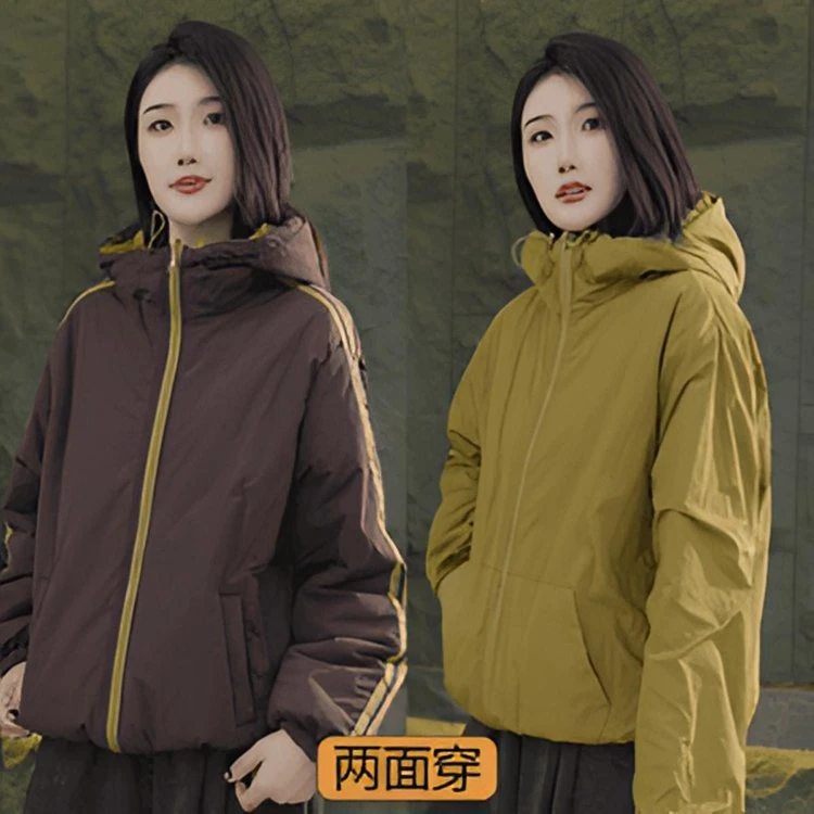 【双面穿棉服】秋冬新款双面穿侧拼条拉链宽松休闲百搭减龄连帽棉服