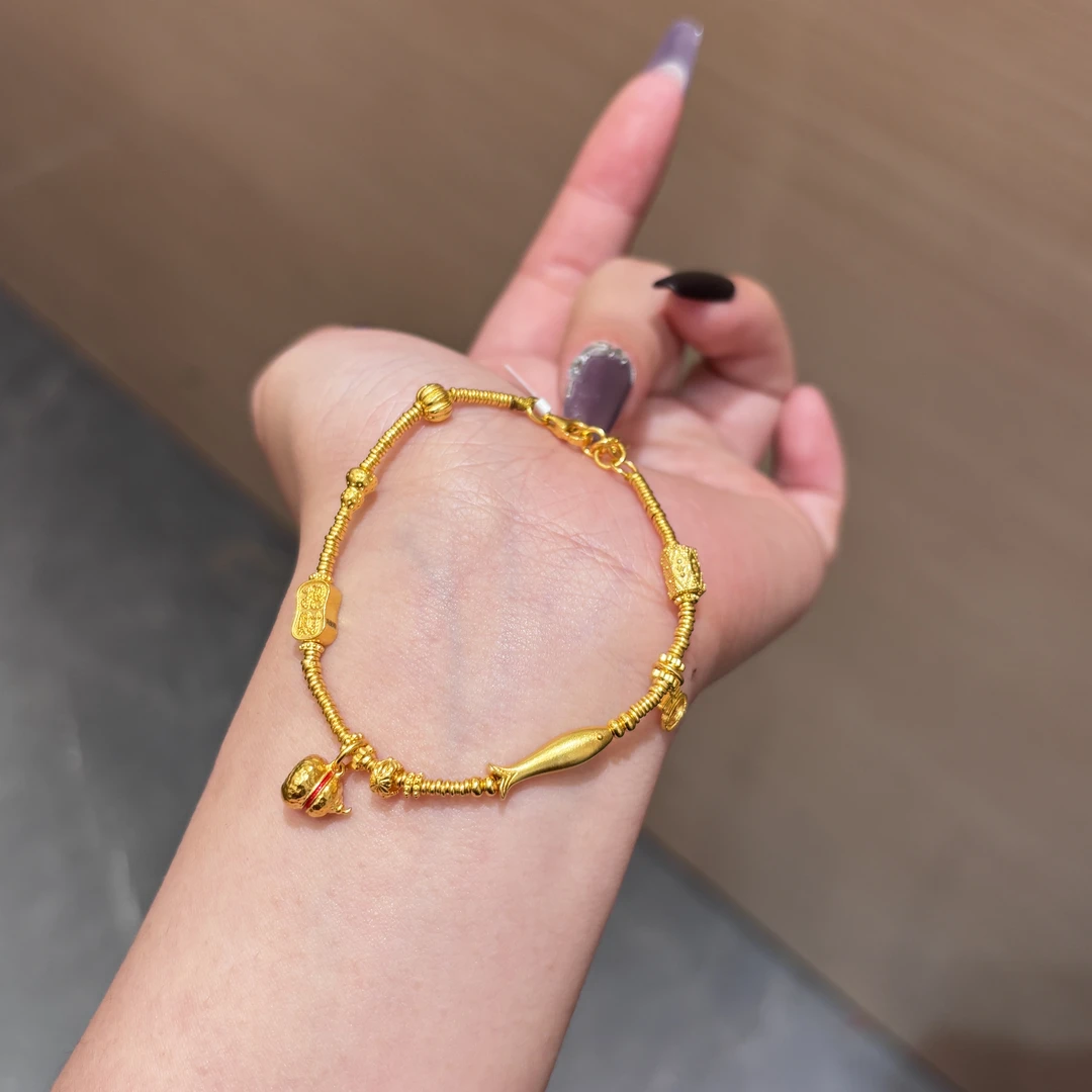 【菠萝珠宝】足金999 古法锤纹葫芦年年有鱼手链 金重：13.27克