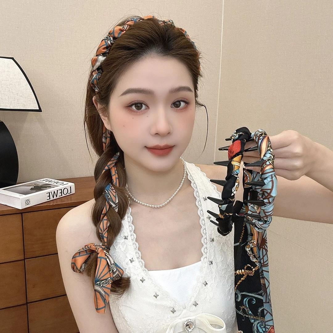 宫阙繁花飘带齿梳波浪高颅顶发箍正反两带复古宫廷发箍简约缎面