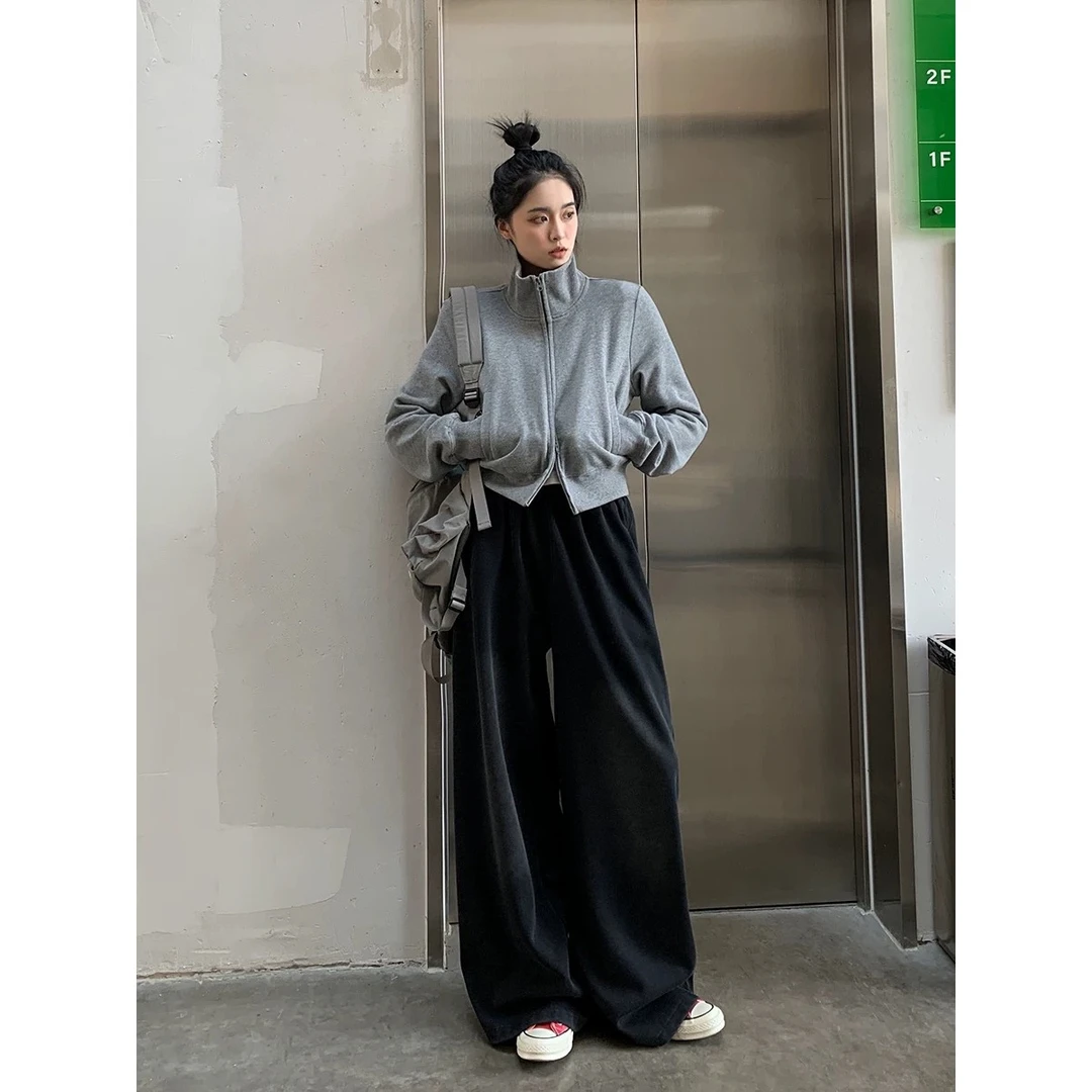 大码宽松美式休闲拖地长裤女装春季百搭复裤9620