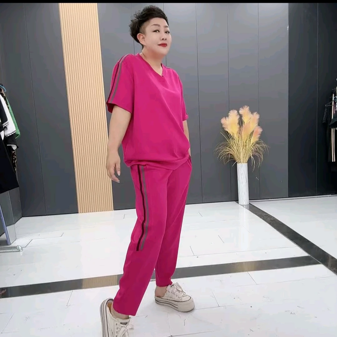 3070休闲减龄V领夏季时尚侧帕条半袖哈伦裤宽松套装