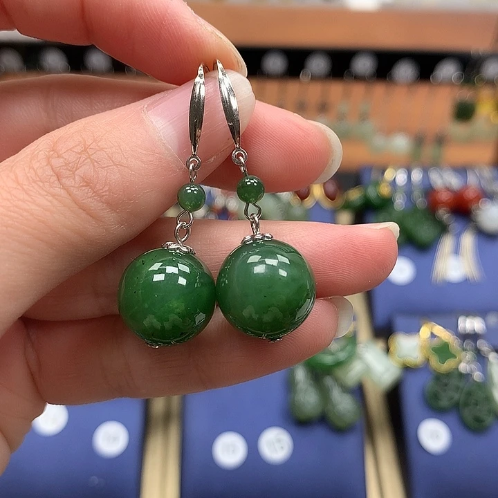 和田玉银S925镶嵌耳饰14左右碧玉